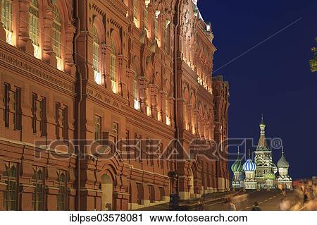 "State Historical Museum and the St Basil's Cathedral, Sobor Vasilija Blazhennogo, on Red Square, at night, Moskau, Moscow Oblast, Russia, Europe" View Large Photo Image Stock Image - "State Historical Museum and the St Basil's Cathedral, Sobor Vasilija Blazhennogo, on Red Square, at night, Moskau, Moscow Oblast, Russia, Europe". Fotosearch