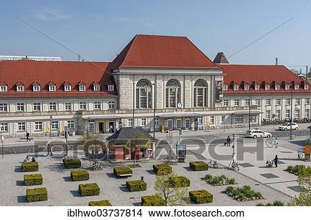 Picture - "Station building with forecourt, Weimar, Thuringia, Germany, Europe". Fotosearch