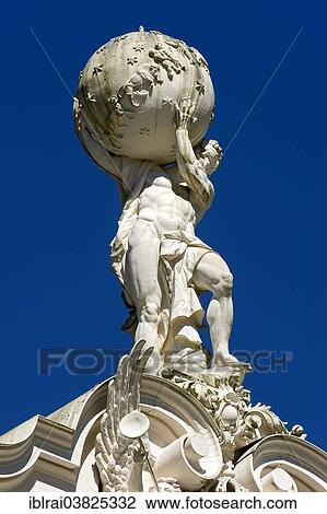 "Statue of Atlas supporting the celestial sphere on the roof of Schloss Linderhof Palace, Upper Bavaria, Bavaria, Germany, Europe" View Large Photo Image Stock Image - "Statue of Atlas supporting the celestial sphere on the roof of Schloss Linderhof Palace, Upper Bavaria, Bavaria, Germany, Europe". Fotosearch