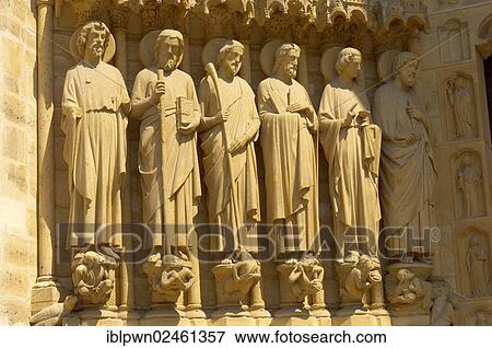 Stock Photo - "Statues at the front of Notre-Dame Cathedral, Paris, France, Europe". Fotosearch