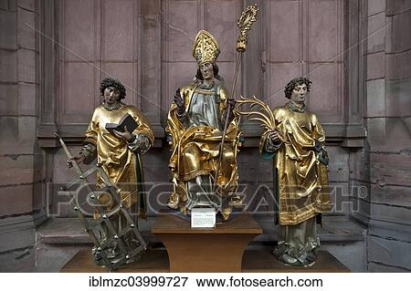 Stock Photo - "Statues of saints, 15th century, Saint Lawrence, Saint Nicholas, Saint Stephen, from left to right, Freiburg Minster, Freiburg, Baden-Wurttemberg, Germany, Europe". Fotosearch