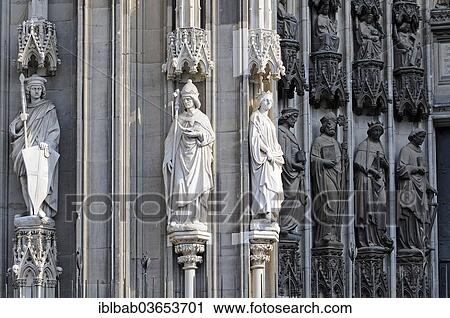 Stock Image - "Statues on the facade, Cologne Cathedral, Cologne, Rhineland, North Rhine-Westphalia, Germany, Europe". Fotosearch