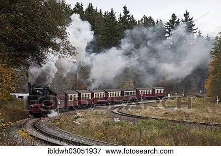 Stock Photo - "Steam locomotive and train of the Harz Narrow Gauge Railways on the way to Brocken Mountain, Harz, Wernigerode, Saxony-Anhalt, Germany, Europe". Fotosearch
