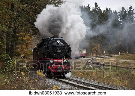 Stock Photo - "Steam locomotive and train of the Harz Narrow Gauge Railways on the way to Brocken Mountain, Harz, Wernigerode, Saxony-Anhalt, Germany, Europe". Fotosearch