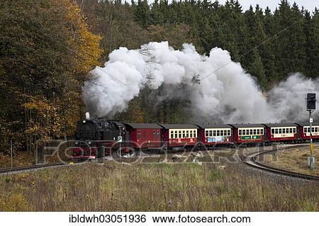 Stock Photograph - "Steam locomotive and train of the Harz Narrow Gauge Railways on the way to Brocken Mountain, Harz, Wernigerode, Saxony-Anhalt, Germany, Europe". Fotosearch