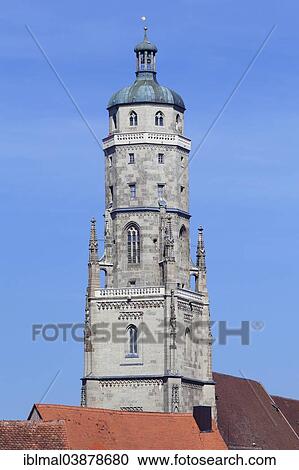 Stock Image - "Steeple, known as Daniel, of the Parish Church of Saint George, Nordlingen, Romantic Road, Swabia, Bavaria, Germany, Europe". Fotosearch