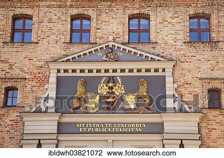 Stock Image - "Steintor gate with an inscription, seal and town coat of arms, city gate, Rostock, Mecklenburg-Vorpommern, Germany, Europe". Fotosearch