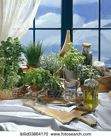 Stock Image - Still life with herbs and olive oil. Fotosearch