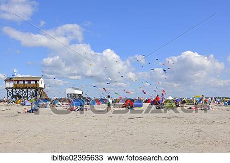 Stock Image - "Stilt house with Strandbar 54 beach cllub on the beach of St. Peter-Ording, Kite Festival 2012, Eiderstedt, Schleswig-Holstein, Germany, Europe". Fotosearch