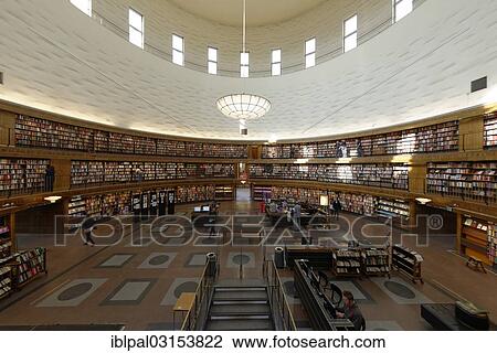 Stock Image - "Stockholm City Library or Stadsbiblioteket, interior, fisheye shot, Stadtteil Vasastan, Stockholm, Stockholm County, Sweden, Europe". Fotosearch