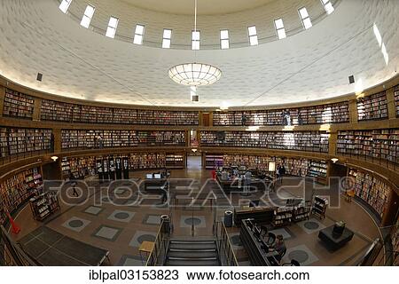 Stock Image - "Stockholm City Library or Stadsbiblioteket, interior, fisheye shot, Stadtteil Vasastan, Stockholm, Stockholm County, Sweden, Europe". Fotosearch