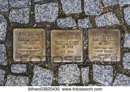 Stock Image - "Stolperstein, stumbling blocks, in memory of the victims of the dictatorship in Nazi Germany, by artist Gunter Demnig, European project, Weimar, Thuringia, Germany, Europe". Fotosearch