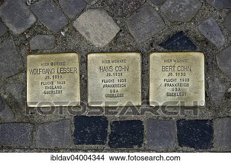 Picture - "Stolpersteine memorial plaques to fled Jews, Stralsund, Mecklenburg Vorpommern, Germany, Europe". Fotosearch