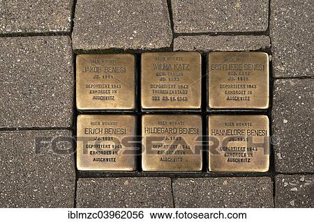 Stock Photograph - "Stolpersteine"""", """"stumbling blocks"""", copper plates commemorating murdered Jewish citizens during the Nazi era, Erlangen, Middle Franconia, Bavaria, Germany, Europe". Fotosearch