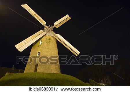 Stock Photo - "Stommeln windmill at night, Stommeln, Pulheim, North Rhine-Westphalia, Germany, Europe". Fotosearch