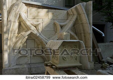Stock Photo - "Stone carvings in the cathedral workshop, St. Peter's Cathedral, Regensburg, Upper Palatinate, Bavaria, Germany, Europe". Fotosearch