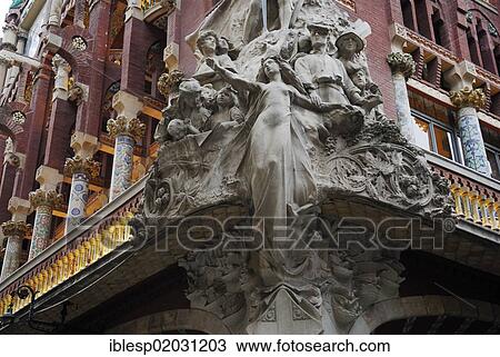 Stock Image - "Stone figures, concert hall of Palau de la Musica Catalana, La Ribera, Barcelona, â€‹â€‹Catalonia, Spain, Europe, Barcelona, Catalonia, Spain, Europe". Fotosearch