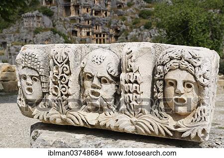 "Stone relief, masks, Myra, Demre, Lycia, Province of Antalya, Turkey, Asia" View Large Photo Image Picture - "Stone relief, masks, Myra, Demre, Lycia, Province of Antalya, Turkey, Asia". Fotosearch