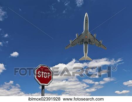 "Stop sign against a blue sky with clouds and an aircraft, symbolic image for stopping aircraft noise" View Large Photo Image Stock Photo - "Stop sign against a blue sky with clouds and an aircraft, symbolic image for stopping aircraft noise". Fotosearch