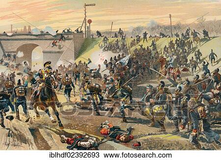 Stock Image - "Storming of the railway embankment outside Orleans by the First Bavarian Corps on 11 October 1870, Franco-Prussian War or Franco-German War, 1870-1871, between the French Empire and the Kingdom of Prussia". Fotosearch