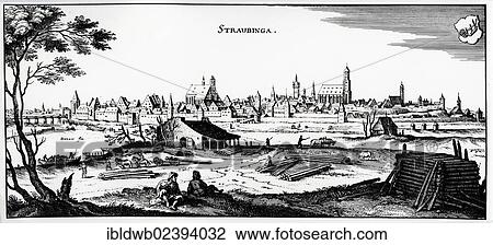 Stock Image - "Straubing, Lower Bavaria, Bavaria, Germany, Europe, copper engraving by M. Merian, around 1650, Europe". Fotosearch