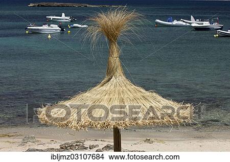 Picture - "Straw parasol on the beach of Platja Es Trenc, Colonia de Sant Jordi, Mallorca, Majorca, Balearic Islands, Spain, Europe". Fotosearch