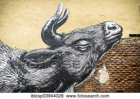 Stock Photo - "Street art, graffiti by ROA, Lavapies and La Latina, Madrid, Spain, Europe". Fotosearch