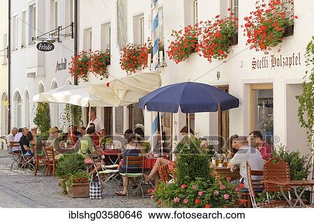 Stock Photograph - "Street cafe, Straubing, Lower Bavaria, Bavaria, Germany, Europe". Fotosearch
