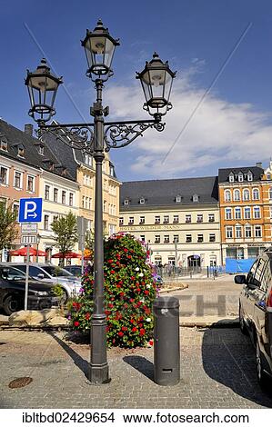 Picture - "Street lamp on the market square, Annaberg-Buchholz, Saxony, Germany, Europe". Fotosearch