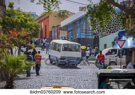 Stock Photo - "Street scene, Sao Filipe, Fogo island, Cape Verde, Africa". Fotosearch