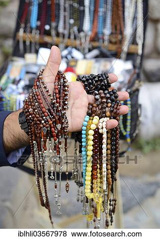 Stock Photo - "Street vendor with Turkish prayer beads, tasbih, Istanbul, European side, Istanbul Province, Turkey, European side, Europe". Fotosearch
