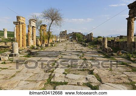 "Street with colonnade, ancient city of Hierapolis, Hierapolis, near Pamukkale, Denizli Province, Aegean Region, Turkey, Asia" View Large Photo Image Stock Photo - "Street with colonnade, ancient city of Hierapolis, Hierapolis, near Pamukkale, Denizli Province, Aegean Region, Turkey, Asia". Fotosearch