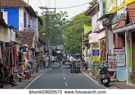 Stock Image - "Street with shops and cafes, Jew Town, Mattancherry, Kochi, Cochin, Kerala, India, Asia". Fotosearch