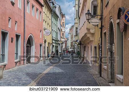"Street with shops in the historic centre, Regensburg, Upper Palatinate, Bavaria, Germany, Europe" View Large Photo Image Stock Photo - "Street with shops in the historic centre, Regensburg, Upper Palatinate, Bavaria, Germany, Europe". Fotosearch