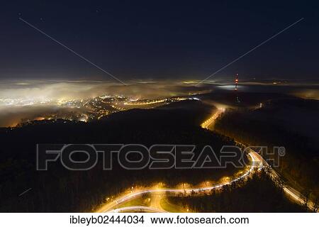 Picture - "Stuttgart, seen from the TV tower at night, Baden-Wuerttemberg, Germany, Europe". Fotosearch