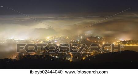 Stock Image - "Stuttgart, seen from the TV tower at night, with fog, Baden-Wuerttemberg, Germany, Europe". Fotosearch