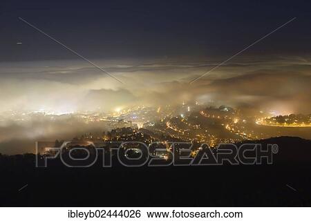 Stock Photograph - "Stuttgart, seen from the TV tower at night, with fog, Baden-Wuerttemberg, Germany, Europe". Fotosearch