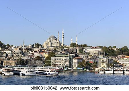 Stock Image - "Suleymaniye Mosque, with Rustem Pasha Mosque on the left, Golden Horn, Eminonu, Istanbul, European side, Istanbul Province, Turkey, European side, Europe". Fotosearch