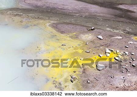 Stock Image - "Sulphurous water flowing in a lake, Waiotapu, Bay of Plenty Region, New Zealand, Oceania". Fotosearch