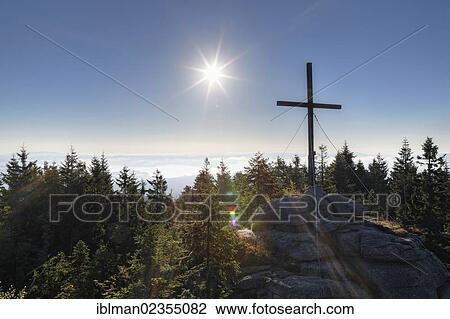 Stock Image - "Summit cross on the summit of Baerenstein Mountain, Bohemian Forest or? èumava, municipality of Ulrichsberg, Muehlviertel region, Upper Austria, Austria, Europe". Fotosearch