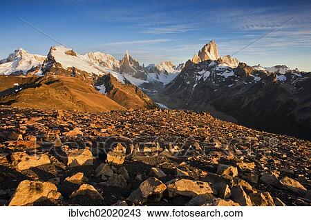 Stock Image - "Summit of Fitz Roy Mountain and Cerro Torre Mountain, Patagonia, Los Glaciares National Park, Argentina, South America". Fotosearch