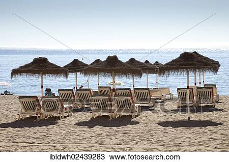 Stock Image - "Sunbeds and sunshades on a sandy beach, Fuengirola, Costa del Sol, Andalusia, Spain, Europe, PublicGround, Europe". Fotosearch
