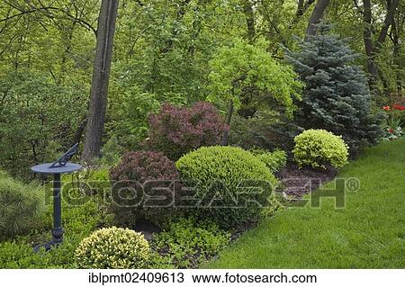 "Sundial and colorful shrubs in a garden border in a landscaped residential backyard garden, Quebec, Canada - This image is property released for book, calendar, magazine, newspaper and editorial use only. " View Large Photo Image Stock Image - "Sundial and colorful shrubs in a garden border in a landscaped residential backyard garden, Quebec, Canada - This image is property released for book, calendar, magazine, newspaper and editorial use only. ". Fotosearch