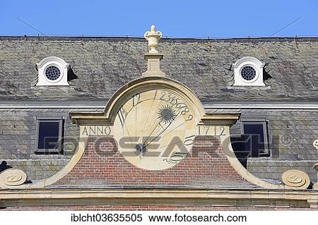 Stock Photography - "Sundial, Schloss Nordkirchen palace, a baroque moated castle accommodating Fachhochschule fur Finanzen NRW university, Nordkirchen, Munsterland, Nordrhein-Westfalen, Germany, Europe". Fotosearch