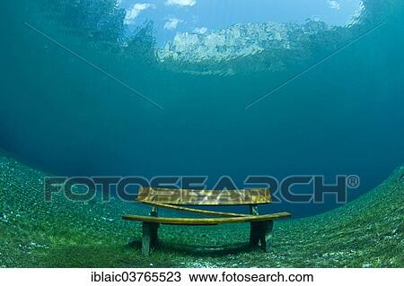 Stock Image - "Sunken bench in Gruener See or Green Lake, Tragoess, Styria, Austria, Europe". Fotosearch