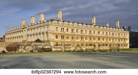 Picture - "Sunlight on college building in frost, Clare College, Cambridge, Cambridgeshire, England, United Kingdom, Europe". Fotosearch