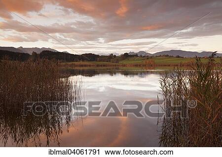 Stock Image - "Sunrise at Froschhausersee lake, near Riegsee, Pfaffenwinkel region, Upper Bavaria, Bavaria, Germany, Europe". Fotosearch