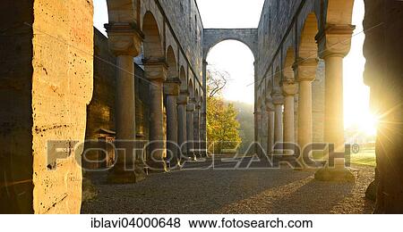 Stock Photo - "Sunrise in the ruins of the monastery church of Paulinzella, nave, Paulinzella, Thuringia, Germany, Europe". Fotosearch