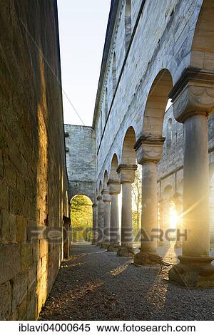 Stock Photography - "Sunrise in the ruins of the monastery church of Paulinzella, aisle, Paulinzella, Thuringia, Germany, Europe". Fotosearch
