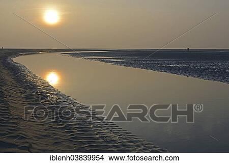 Picture - "Sunset in the Wadden Sea, Langeoog, East Frisia, Lower Saxony, Germany, Europe". Fotosearch